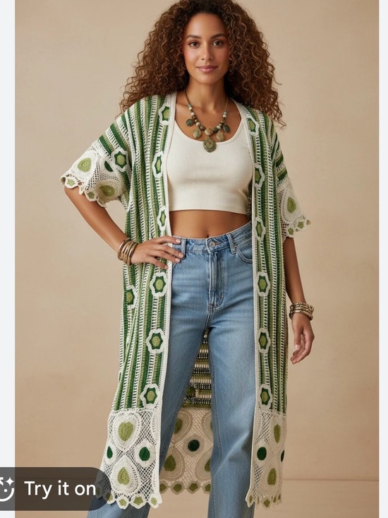 POL Jackets & Blazers - POL Crochet Open-Front Duster Cardigan - Green & White